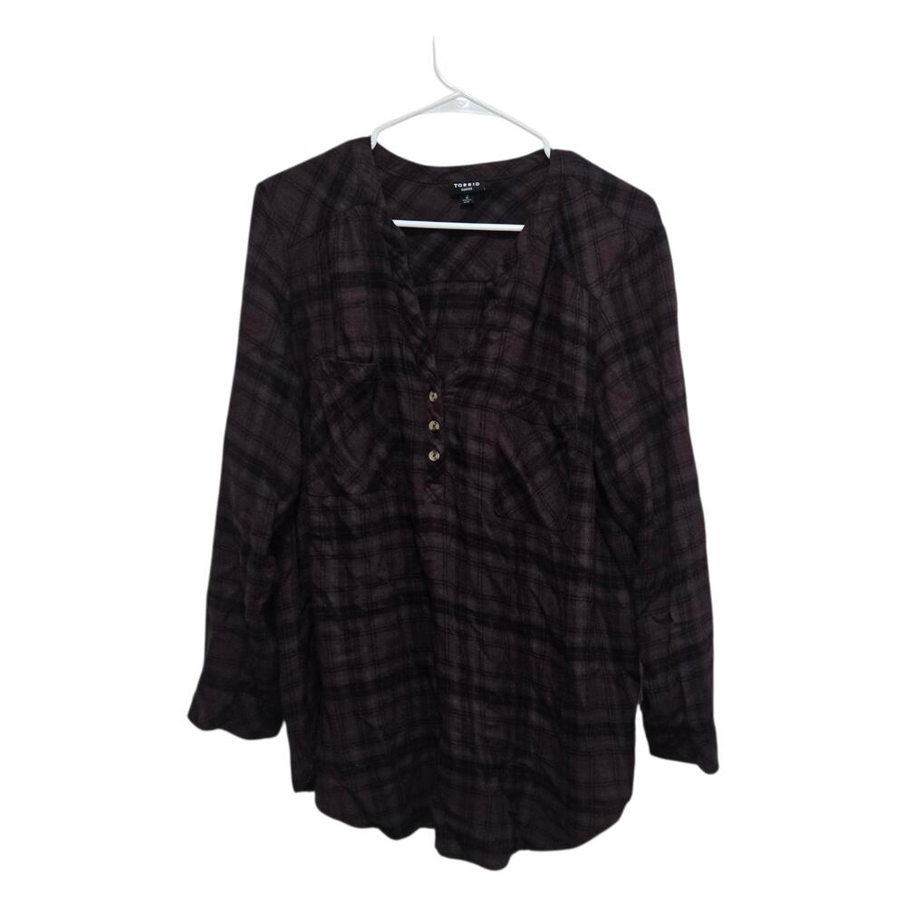 Torrid Harper Plaid Blouse Size 2 Burgundy Black Pullover Top